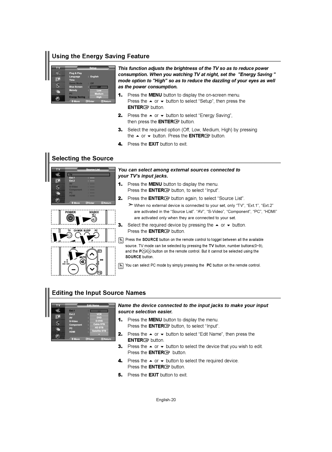 Samsung LE32S62, LE37S62, LE40S62 Using the Energy Saving Feature, Selecting the Source, Editing the Input Source Names 
