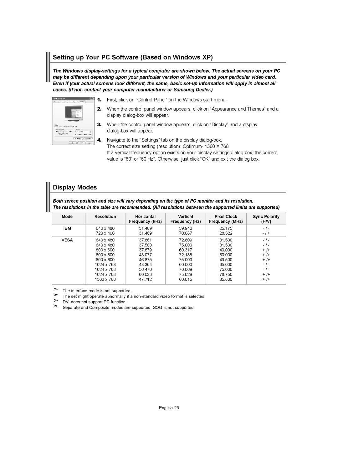 Samsung LE32S62, LE37S62, LE40S62 manual Setting up Your PC Software Based on Windows XP, Display Modes 