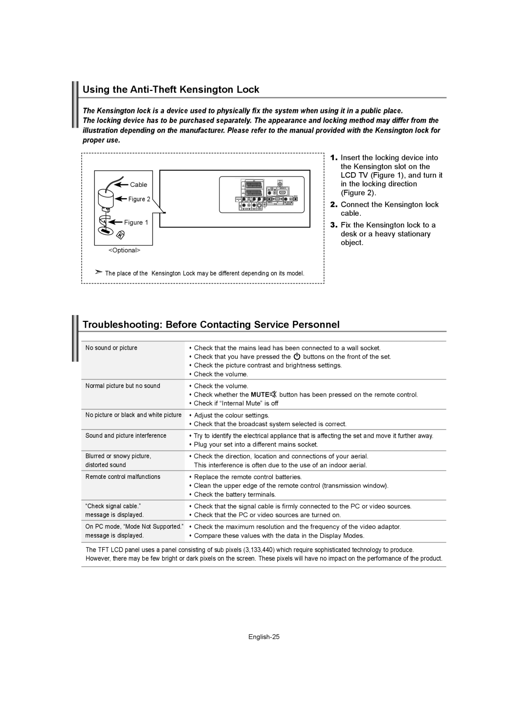 Samsung LE37S62, LE32S62, LE40S62 Using the Anti-Theft Kensington Lock, Troubleshooting Before Contacting Service Personnel 