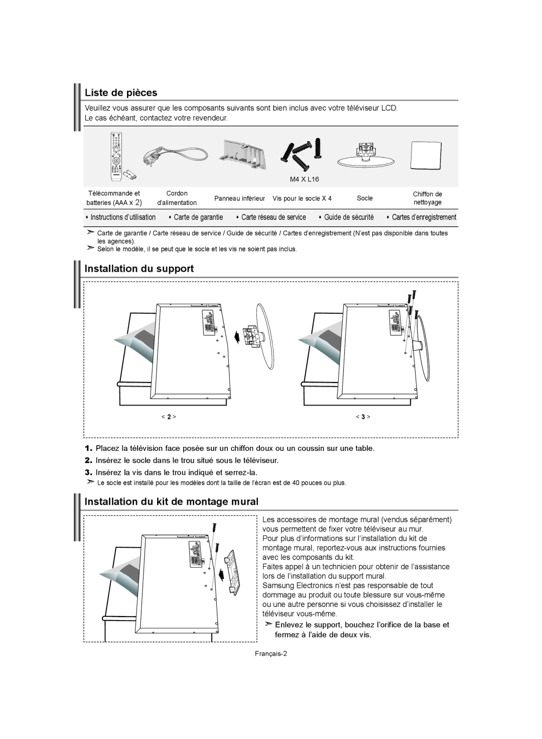 Samsung LE37S62, LE32S62, LE40S62 manual Liste de pièces, Installation du support, Installation du kit de montage mural 