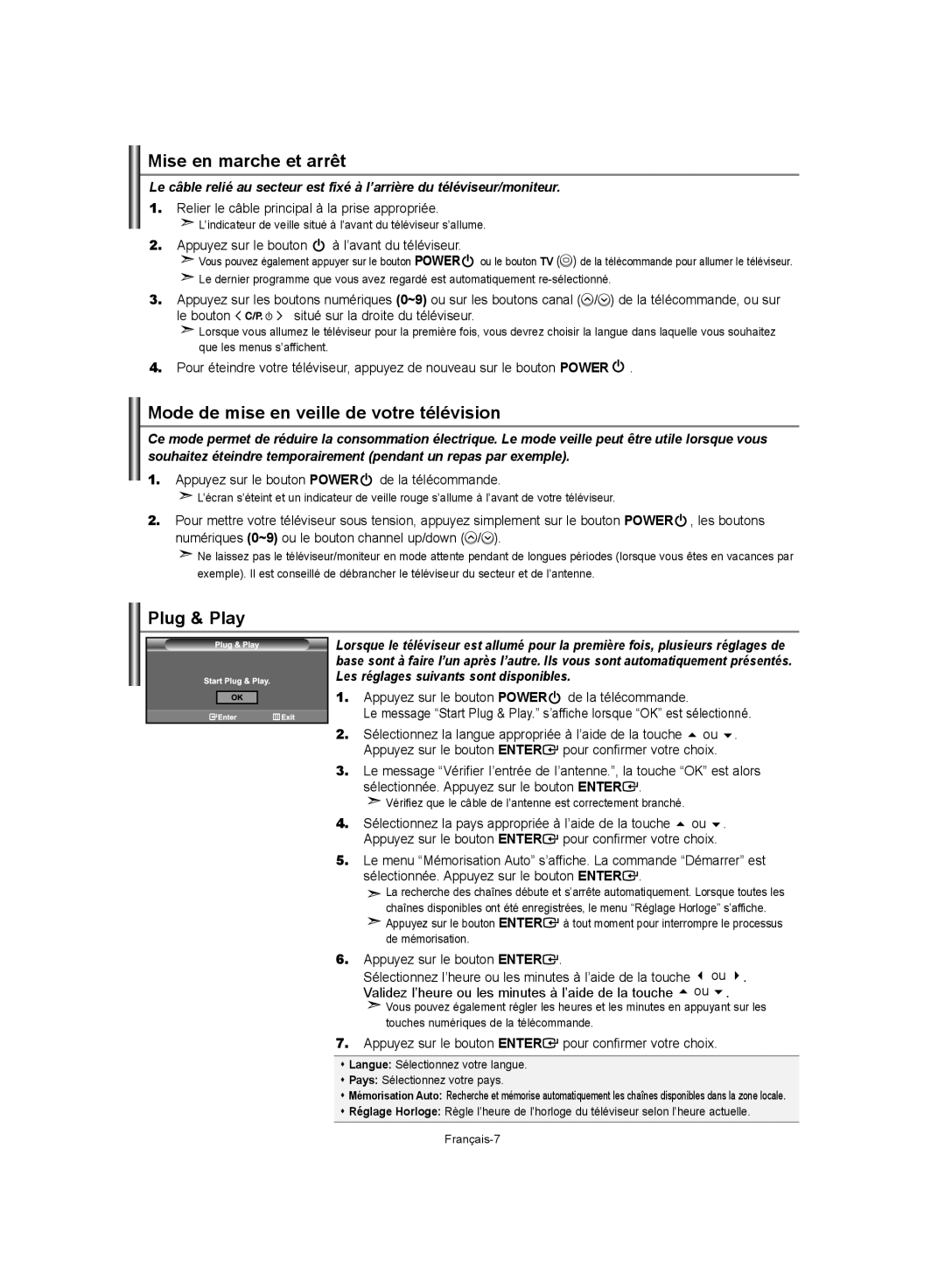 Samsung LE40S62, LE37S62, LE32S62 manual Mise en marche et arrêt, Mode de mise en veille de votre télévision 