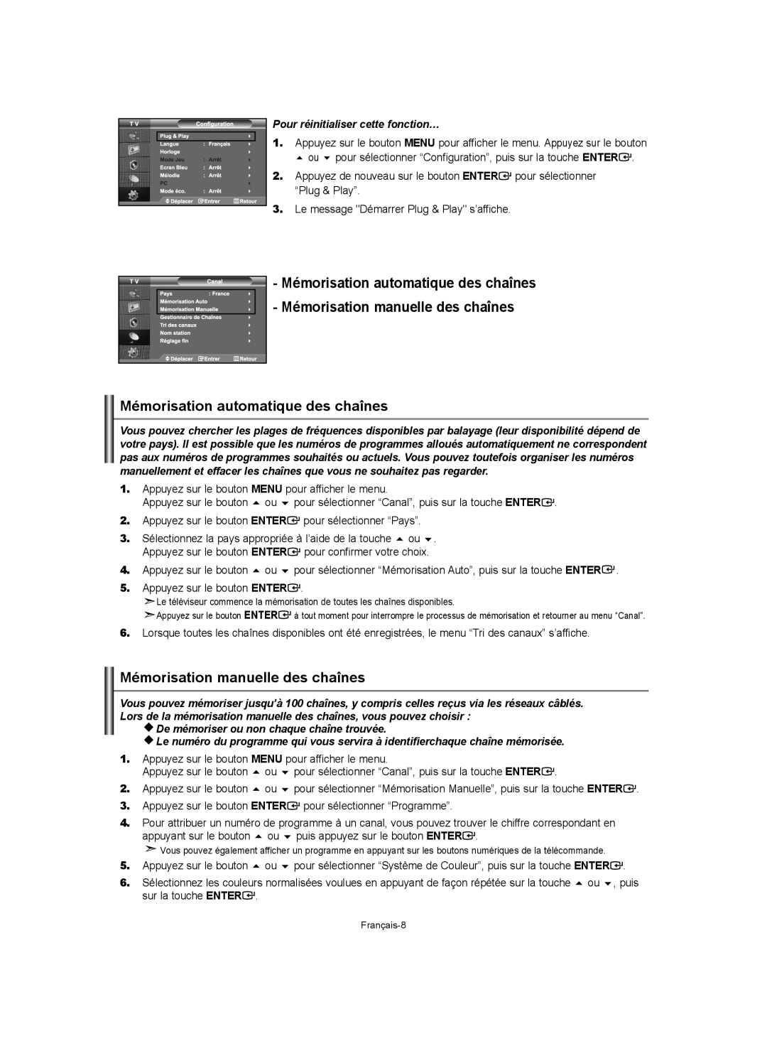 Samsung LE37S62, LE32S62, LE40S62 manual Mémorisation manuelle des chaînes, Mémorisation automatique des chaînes 