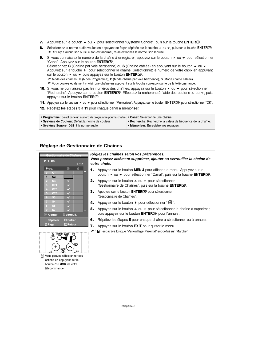 Samsung LE32S62, LE37S62, LE40S62 manual Réglage de Gestionnaire de Chaînes 