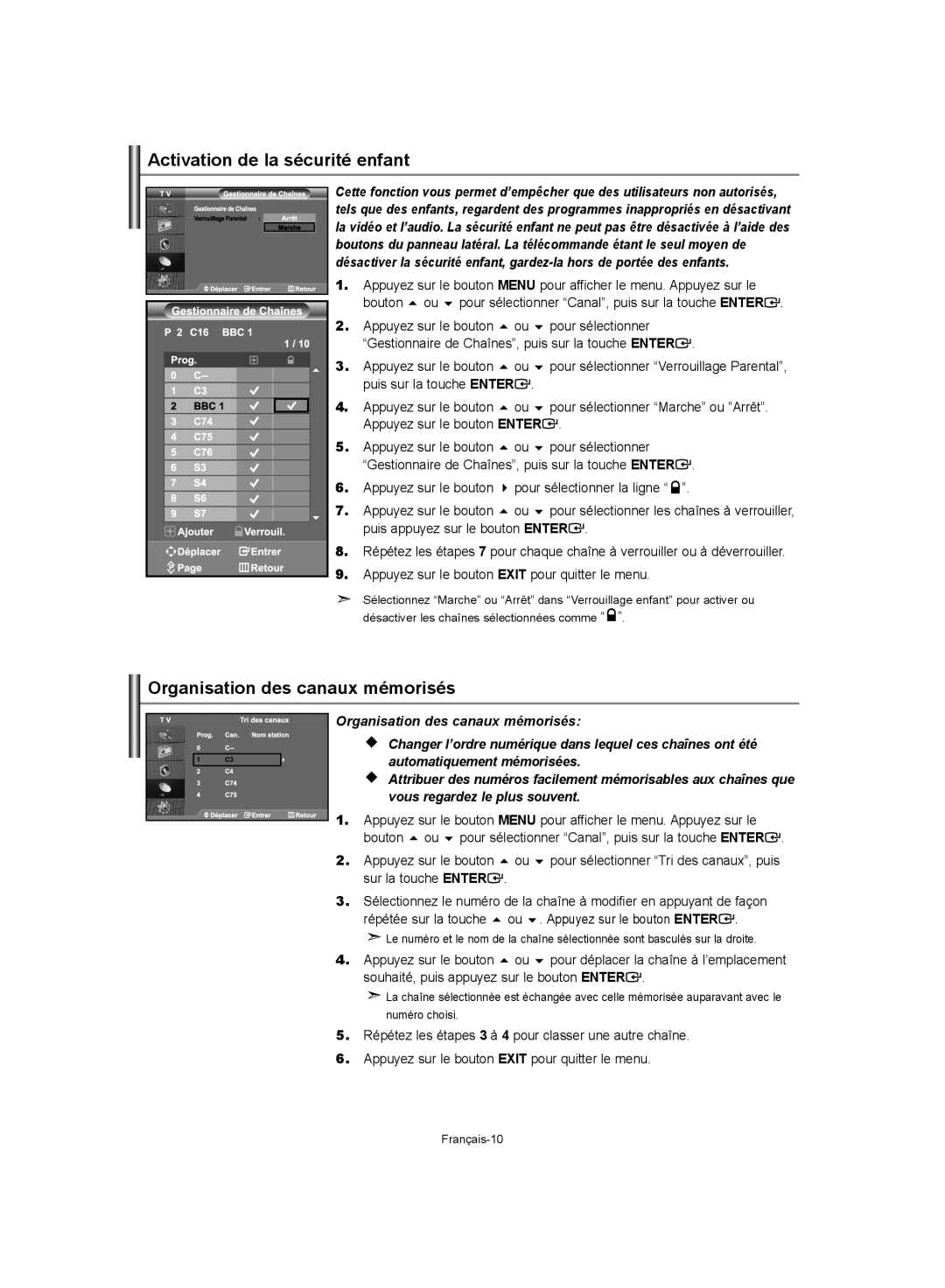 Samsung LE40S62 Activation de la sécurité enfant, Organisation des canaux mémorisés, Puis appuyez sur le bouton Enter 