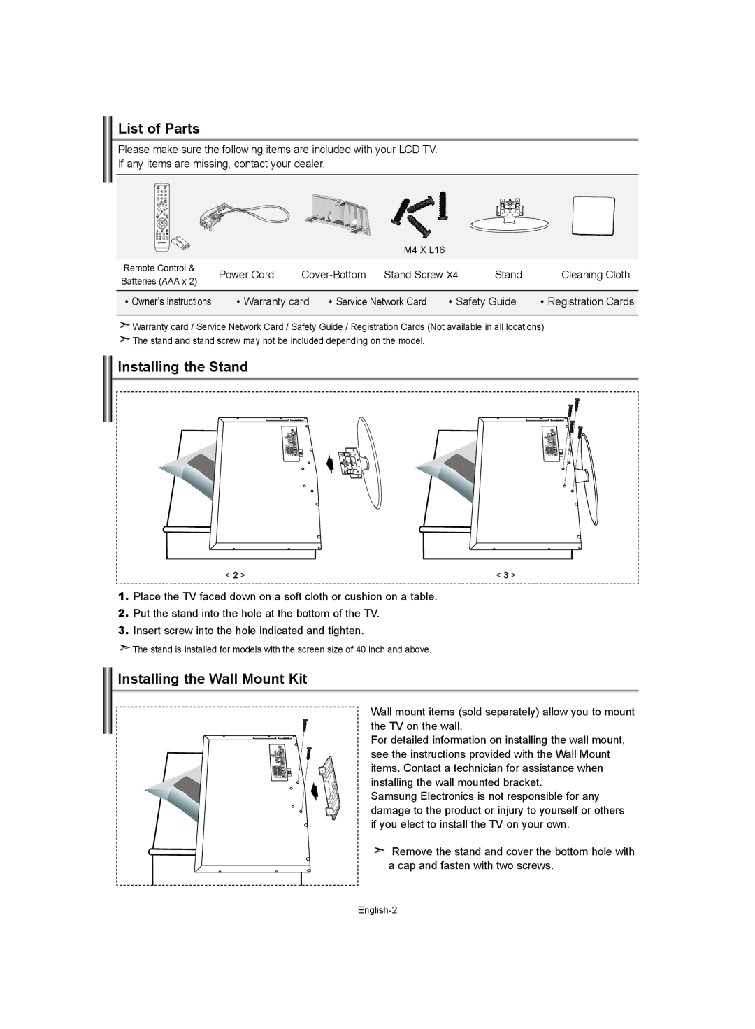 Samsung LE32S62, LE37S62, LE40S62 manual List of Parts, Installing the Stand, Installing the Wall Mount Kit 