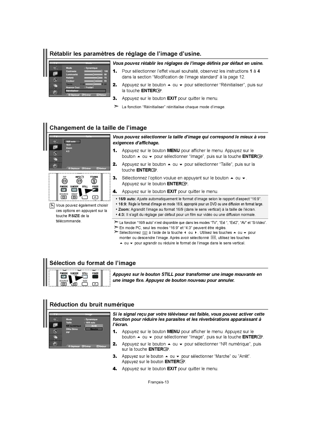 Samsung LE40S62, LE37S62, LE32S62 Rétablir les paramètres de réglage de l’image d’usine, Changement de la taille de l’image 