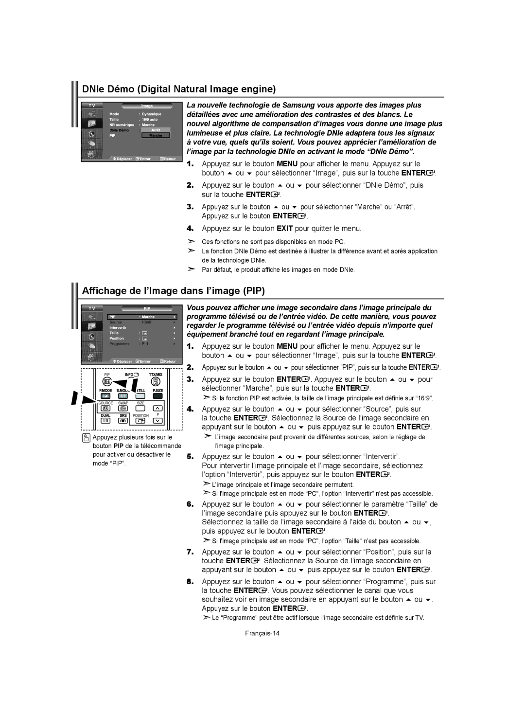 Samsung LE37S62, LE32S62, LE40S62 manual DNle Démo Digital Natural Image engine, Affichage de l’Image dans l’image PIP 