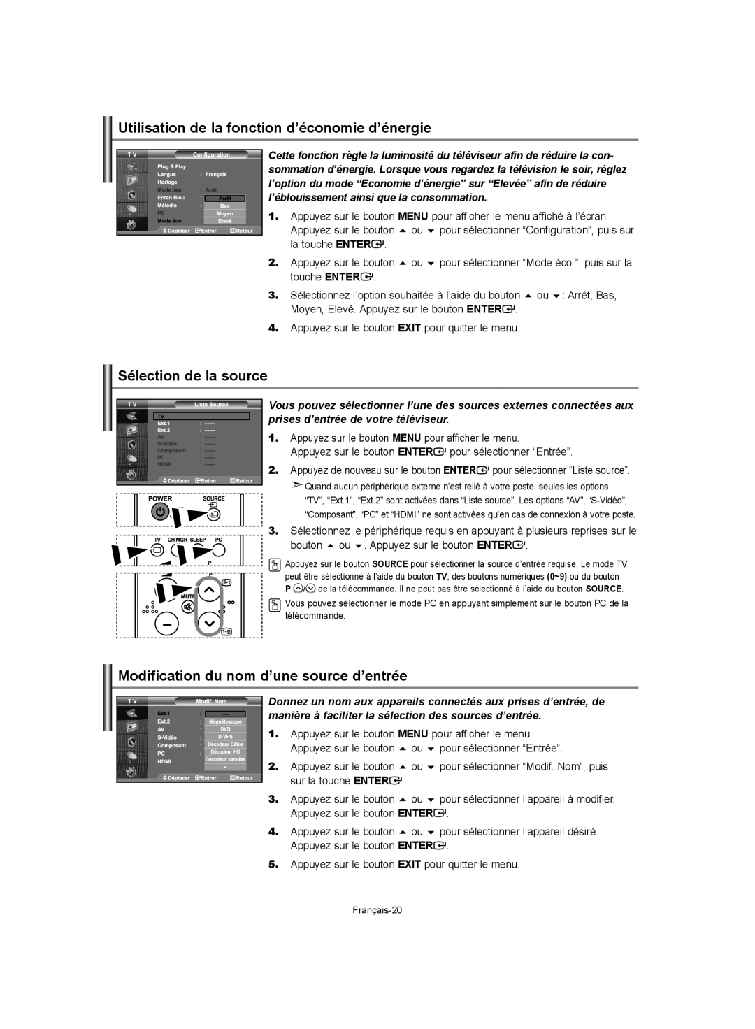 Samsung LE37S62, LE32S62, LE40S62 manual Utilisation de la fonction d’économie d’énergie, Sélection de la source 