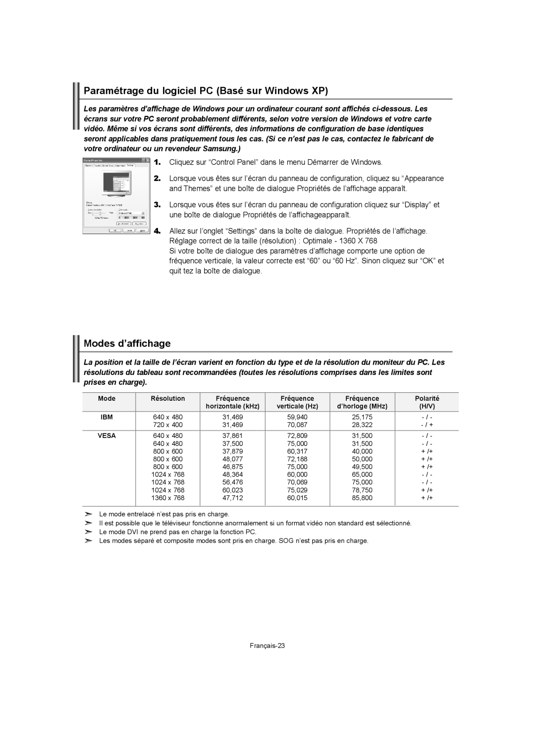 Samsung LE37S62, LE32S62, LE40S62 manual Paramétrage du logiciel PC Basé sur Windows XP, Modes d’affichage 