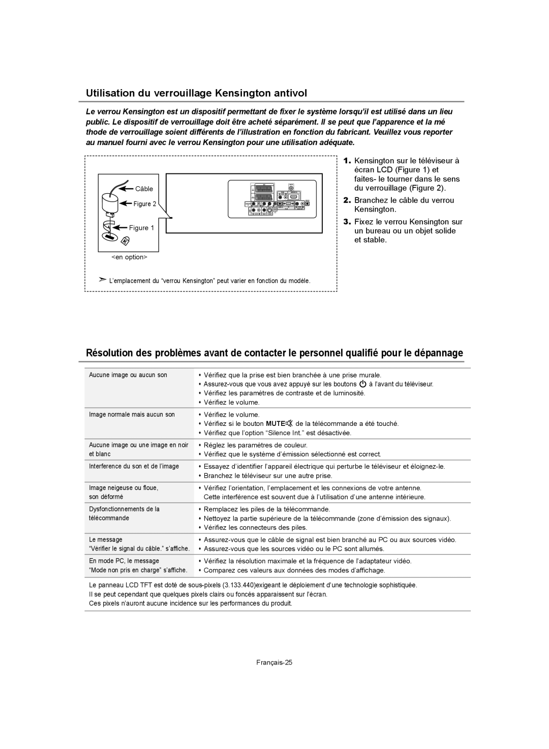 Samsung LE40S62, LE37S62, LE32S62 manual Utilisation du verrouillage Kensington antivol 