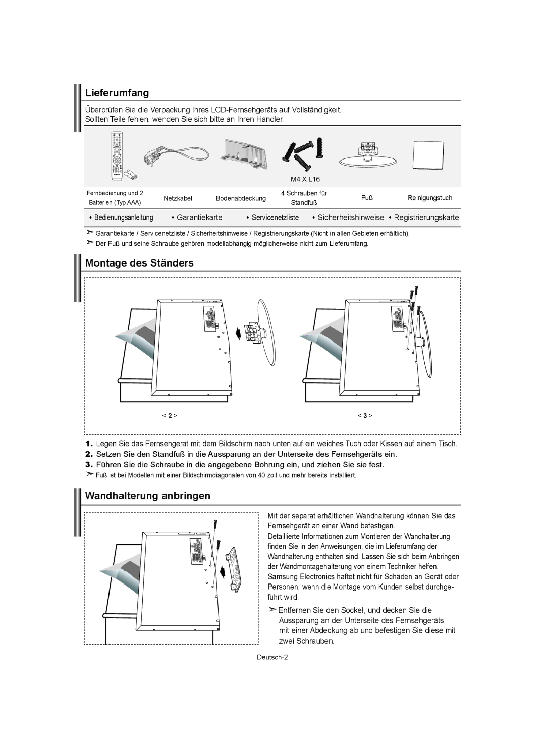 Samsung LE40S62, LE37S62, LE32S62 manual Lieferumfang, Montage des Ständers, Wandhalterung anbringen,  Garantiekarte 