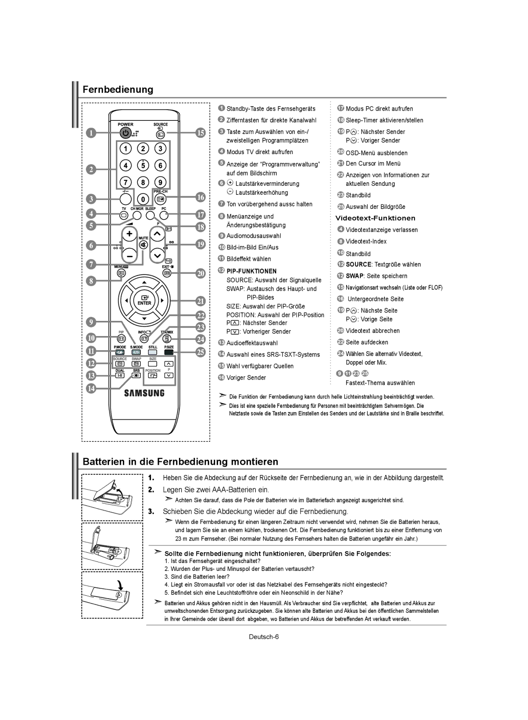 Samsung LE37S62 manual Batterien in die Fernbedienung montieren, Legen Sie zwei AAA-Batterien ein, Videotext-Funktionen 