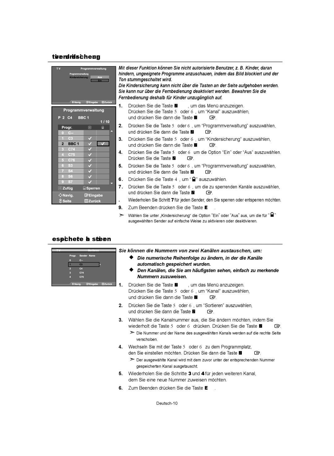 Samsung LE32S62, LE37S62, LE40S62 manual Aktivieren der Kindersicherung, Gespeicherte Kanäle sortieren 