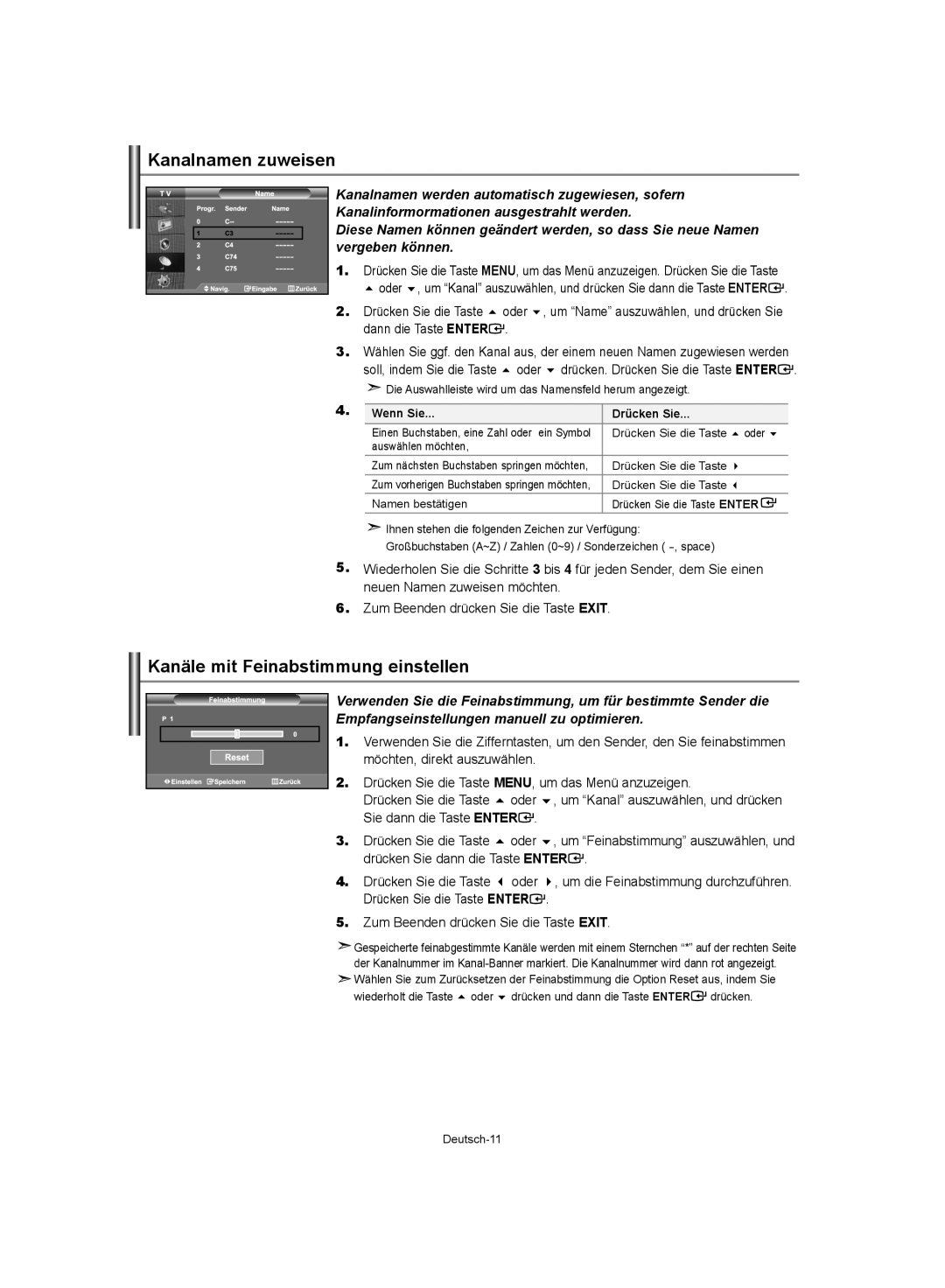 Samsung LE40S62, LE37S62, LE32S62 Kanalnamen zuweisen, Kanäle mit Feinabstimmung einstellen, Möchten, direkt auszuwählen 