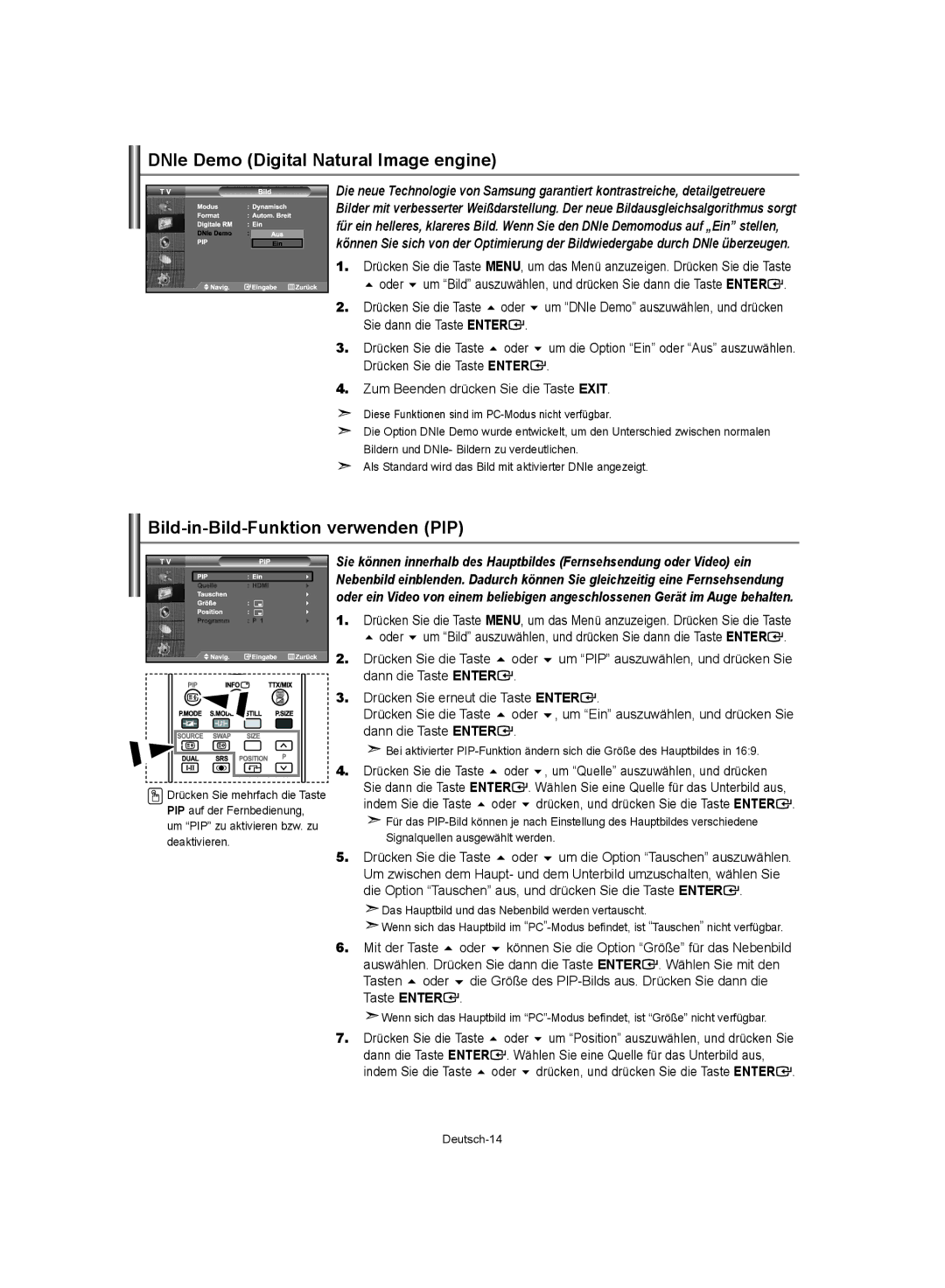 Samsung LE40S62, LE37S62, LE32S62 manual DNIe Demo Digital Natural Image engine, Bild-in-Bild-Funktion verwenden PIP 