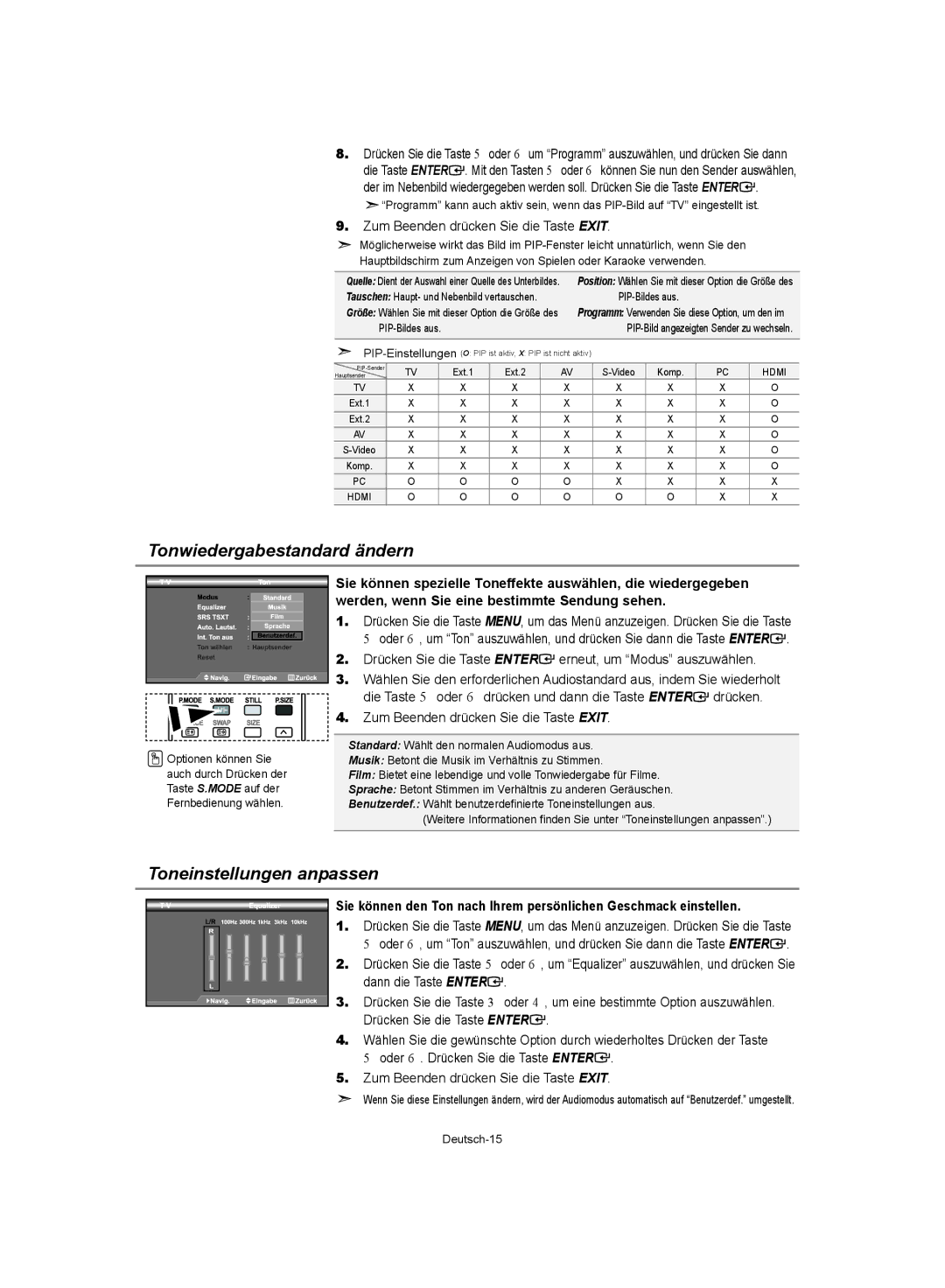 Samsung LE37S62, LE32S62, LE40S62 manual Tonwiedergabestandard ändern, Toneinstellungen anpassen 