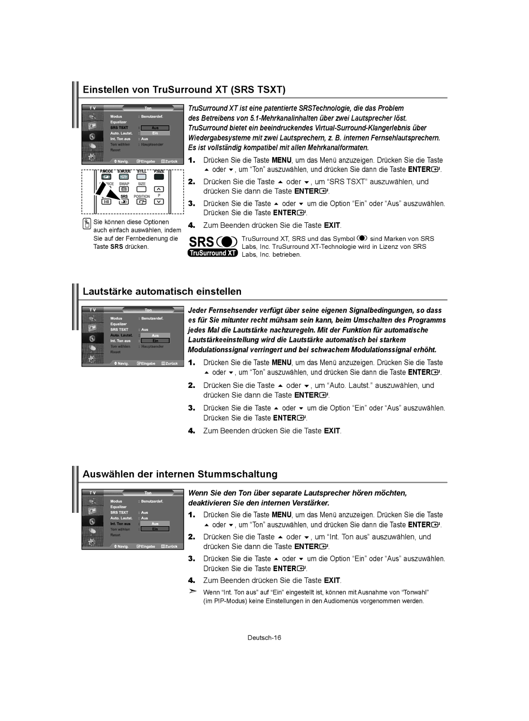 Samsung LE32S62, LE37S62, LE40S62 manual Einstellen von TruSurround XT SRS Tsxt, Lautstärke automatisch einstellen 