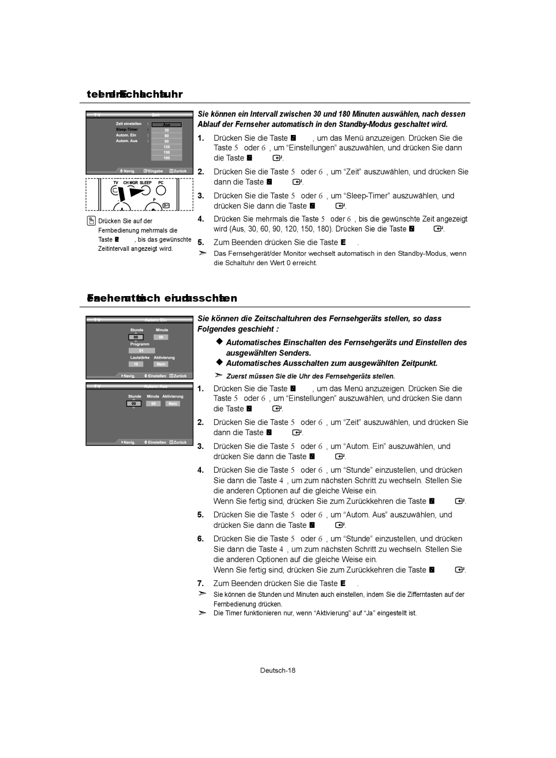 Samsung LE37S62, LE32S62 manual Stellen der Einschlafschaltuhr, Fernseher automatisch ein- und ausschalten, Die Taste Enter 