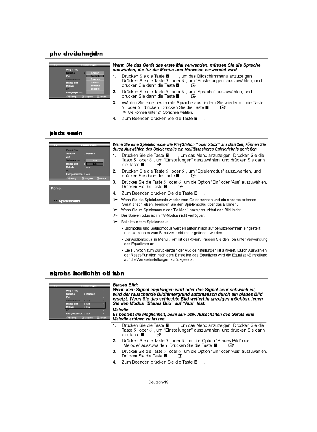 Samsung LE32S62, LE37S62, LE40S62 manual Sprache der Bedienerführung wählen, Spielemodus verwenden 