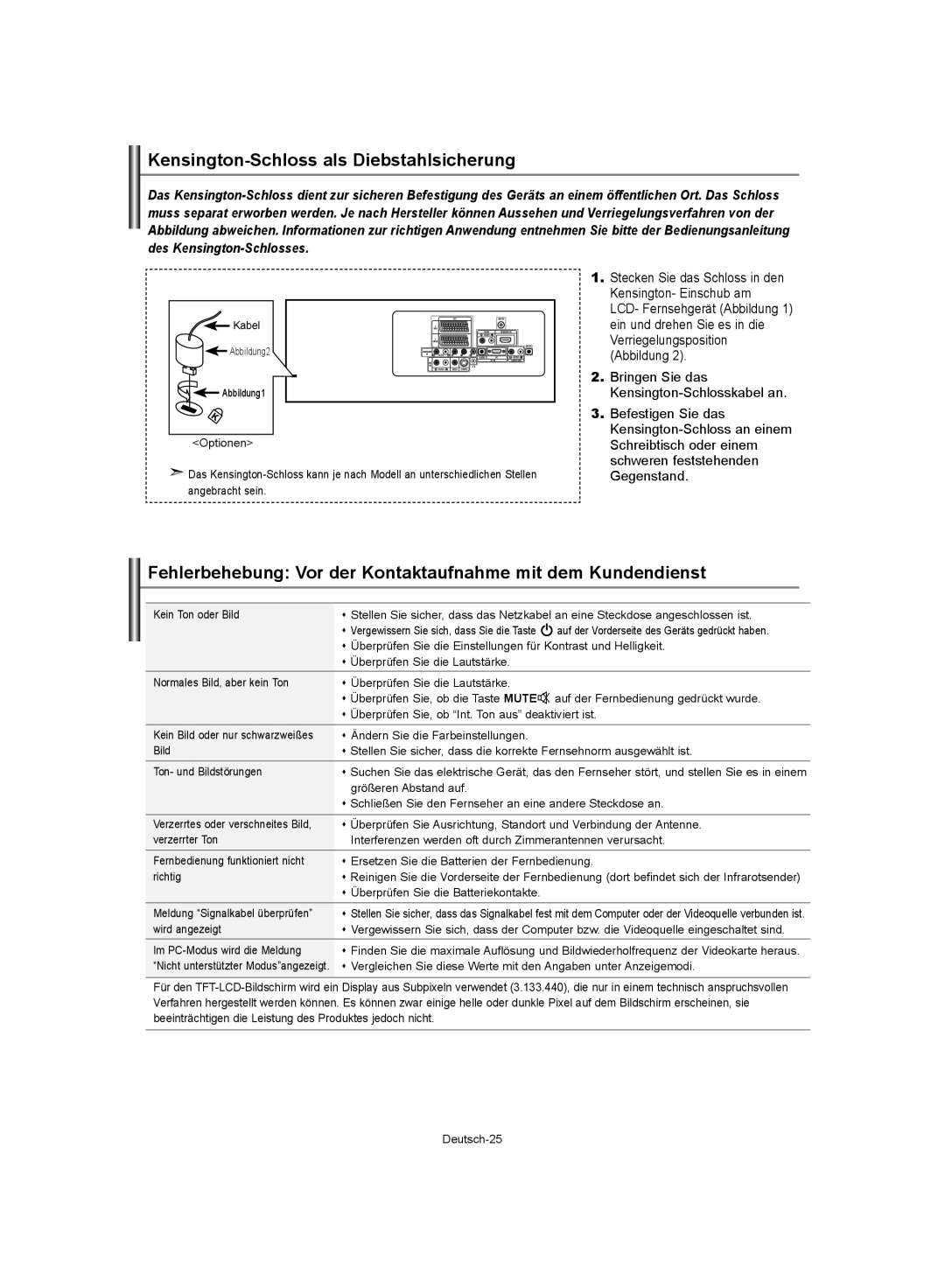 Samsung LE32S62 Kensington-Schloss als Diebstahlsicherung, Fehlerbehebung Vor der Kontaktaufnahme mit dem Kundendienst 