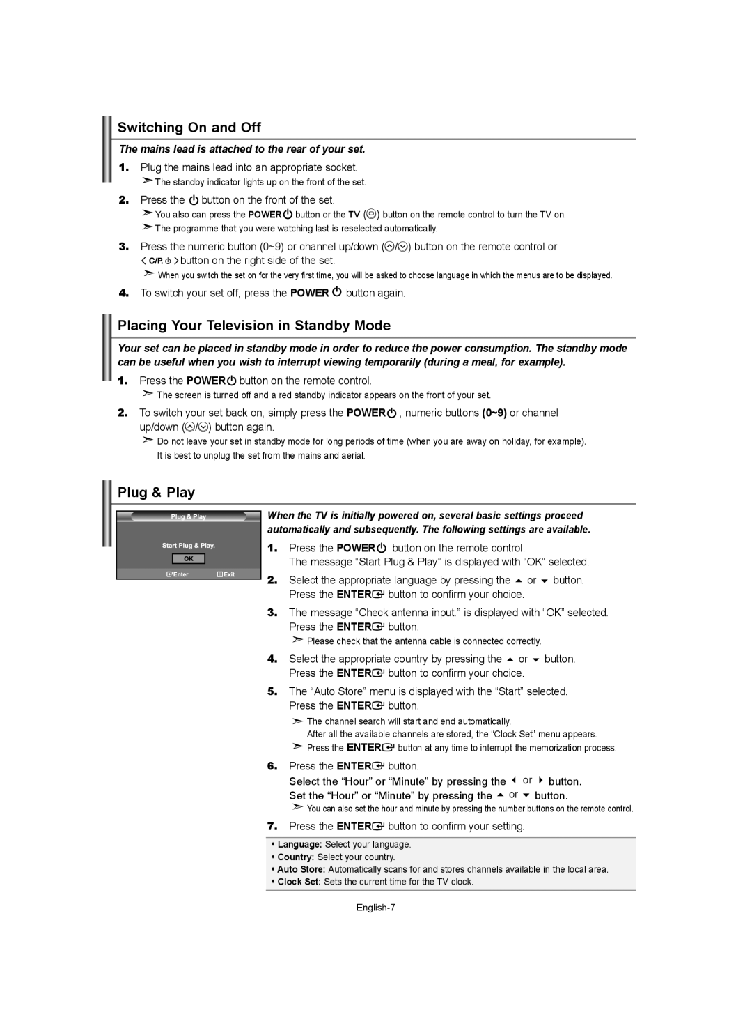 Samsung LE37S62, LE32S62, LE40S62 manual Switching On and Off, Placing Your Television in Standby Mode, Plug & Play 