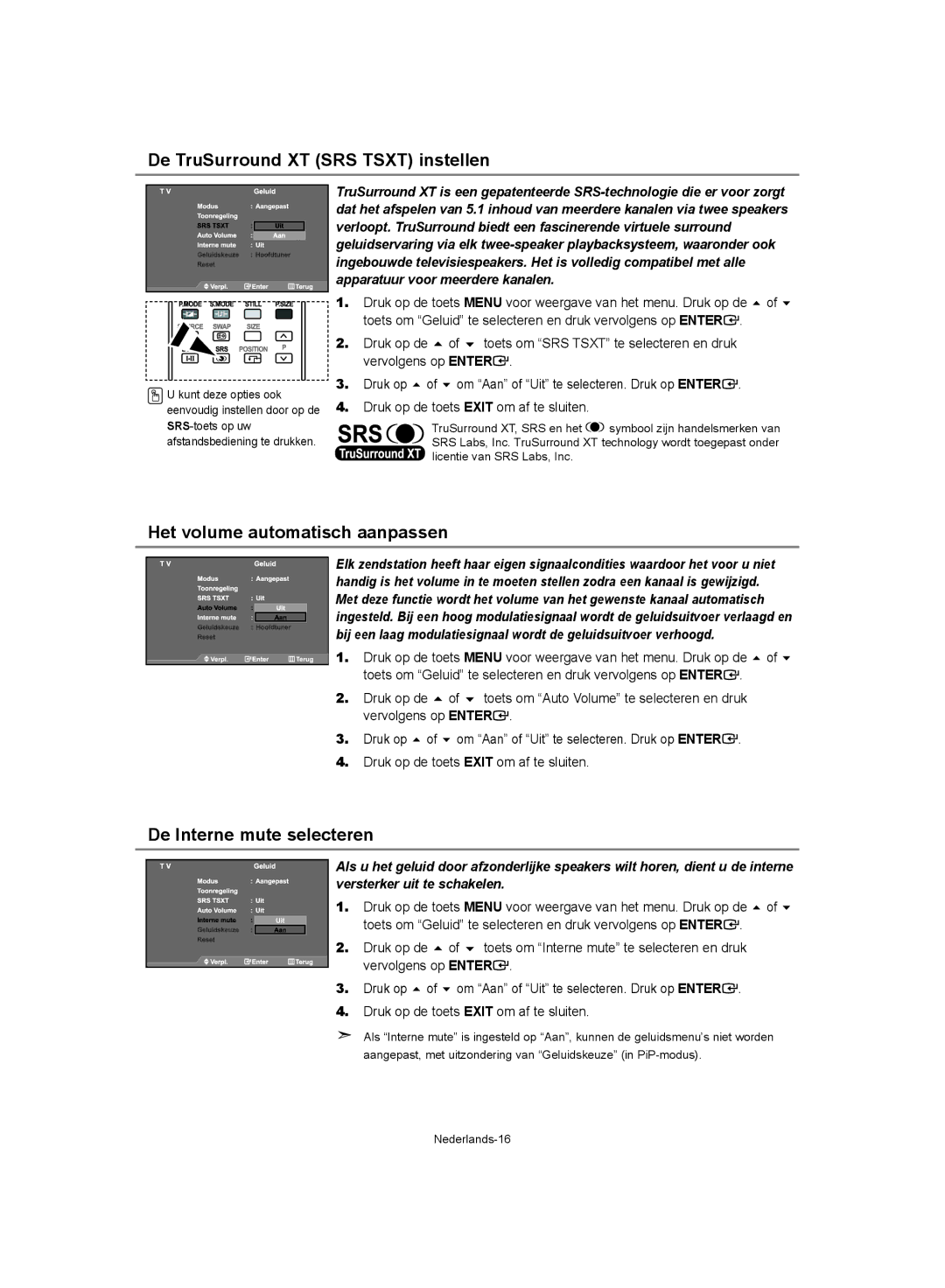 Samsung LE37S62 manual De TruSurround XT SRS Tsxt instellen, Het volume automatisch aanpassen, De Interne mute selecteren 