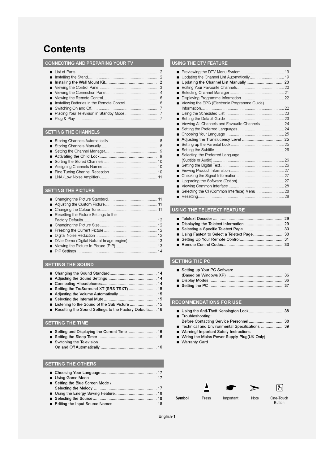 Samsung LE27S7, LE37S7, LE32S7, LE40S7 manual Contents 