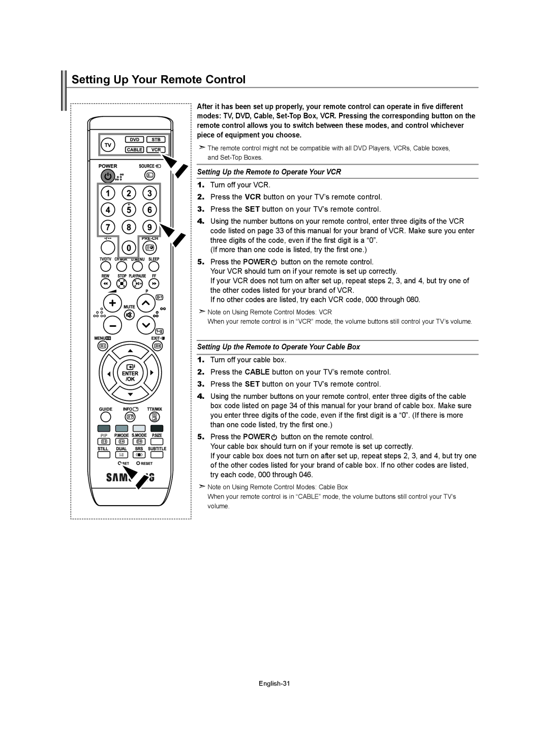 Samsung LE32S7, LE37S7, LE40S7, LE27S7 manual Setting Up Your Remote Control, Setting Up the Remote to Operate Your VCR 