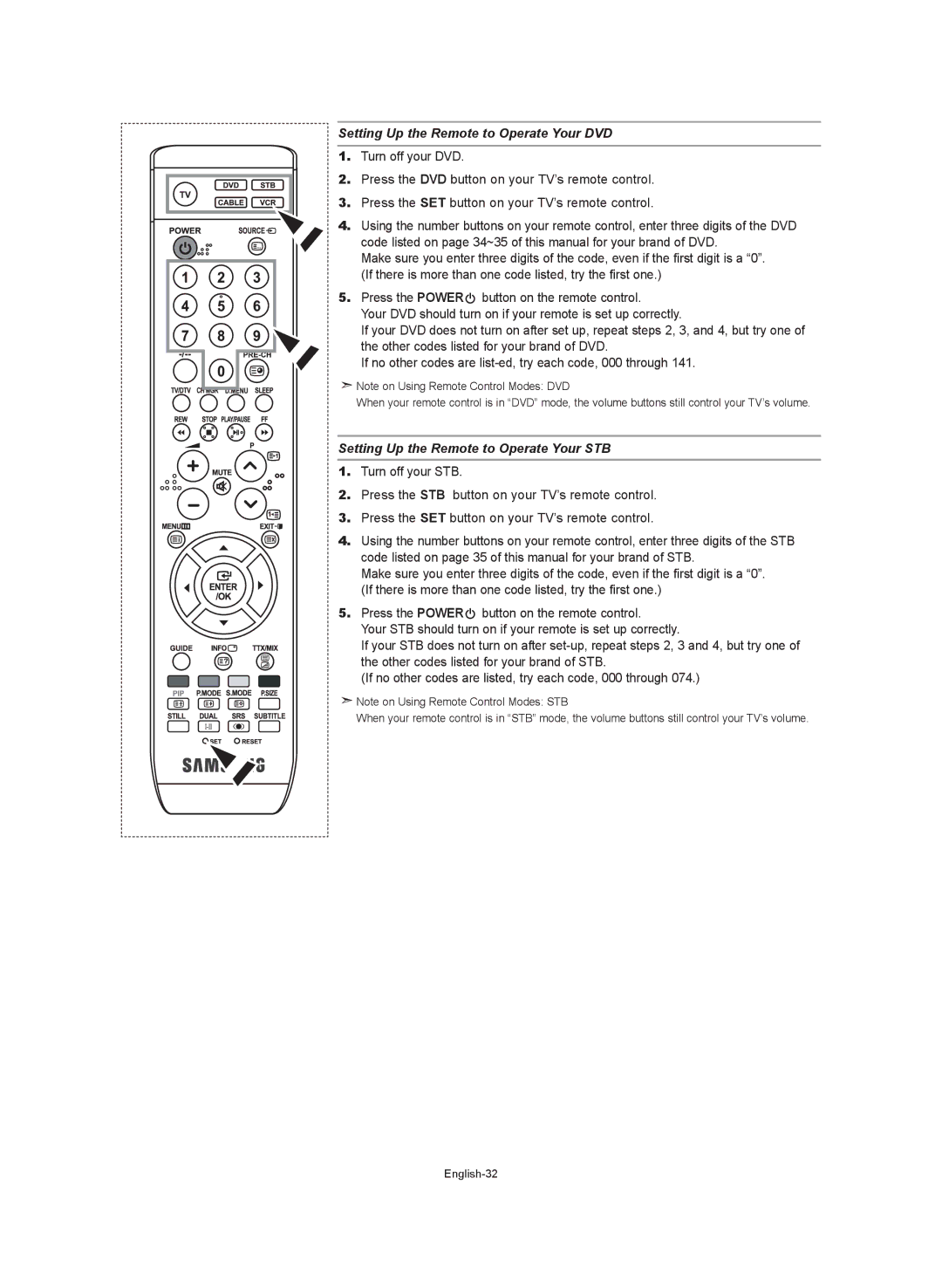 Samsung LE40S7, LE37S7, LE32S7, LE27S7 Setting Up the Remote to Operate Your DVD, Setting Up the Remote to Operate Your STB 