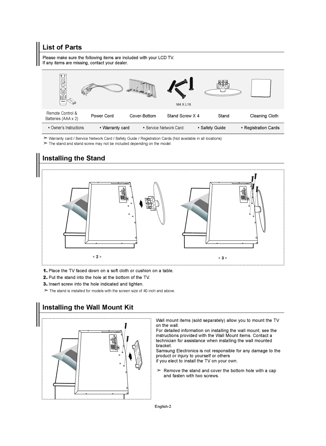 Samsung LE37S7, LE32S7, LE40S7, LE27S7 manual List of Parts, Installing the Stand, Installing the Wall Mount Kit 