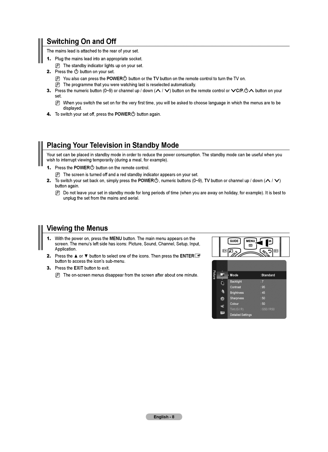 Samsung LE40A LE4A Switching On and Off, Placing Your Television in Standby Mode, Viewing the Menus, ModeStandard 