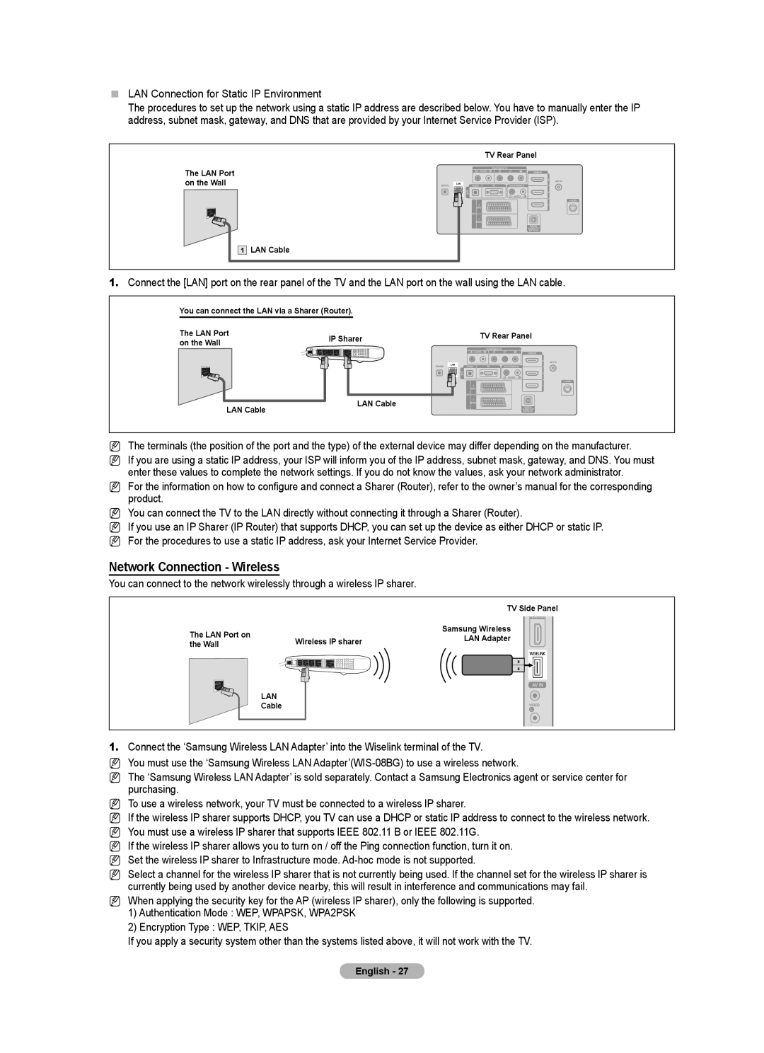 Samsung LE4A LE2A, LE40A436, LE40A LE4A user manual Network Connection Wireless,  LAN Connection for Static IP Environment 