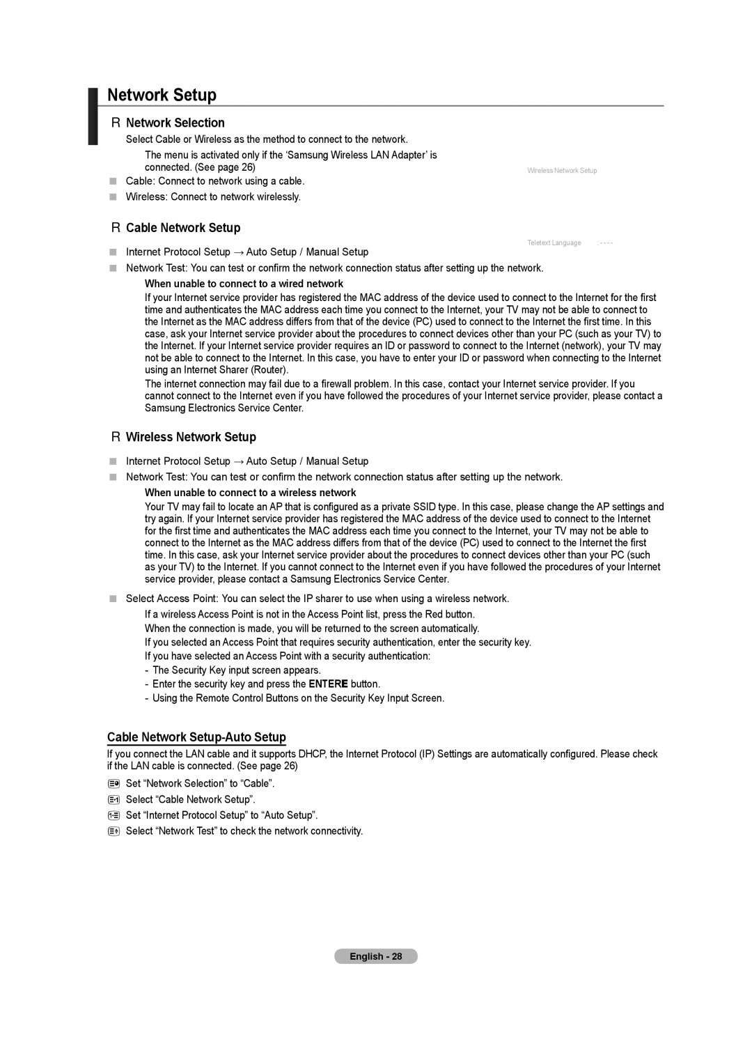 Samsung LE40A436, LE40A LE4A, LE4A LE2A Network Selection, Wireless Network Setup, Cable Network Setup-Auto Setup 