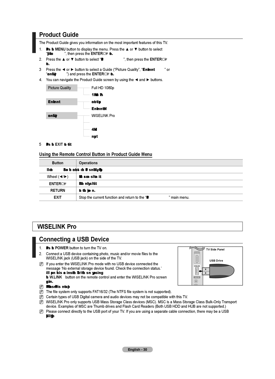 Samsung LE4A LE2A, LE40A436, LE40A LE4A user manual Product Guide, Wiselink Pro Connecting a USB Device, Button Operations 