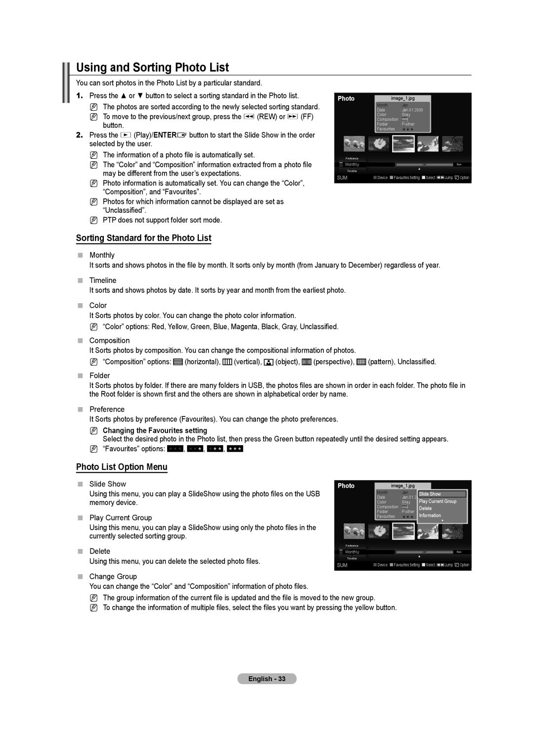 Samsung LE4A LE2A, LE40A436 Using and Sorting Photo List, Sorting Standard for the Photo List, Photo List Option Menu 