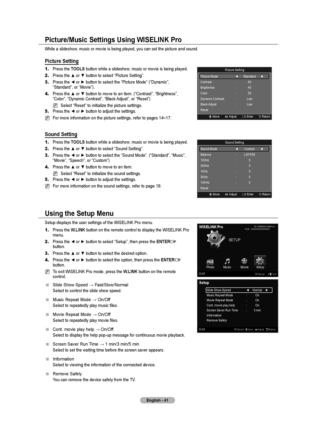 Samsung LE40A LE4A Picture/Music Settings Using Wiselink Pro, Using the Setup Menu, Picture Setting, Sound Setting 