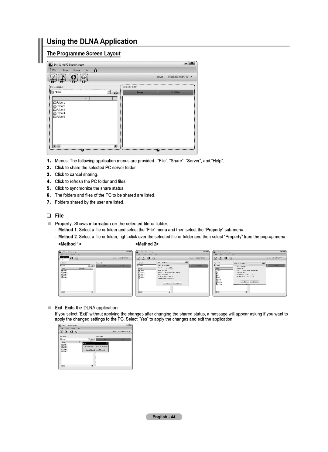 Samsung LE40A LE4A Using the Dlna Application, Programme Screen Layout, File, Method,  Exit Exits the Dlna application 