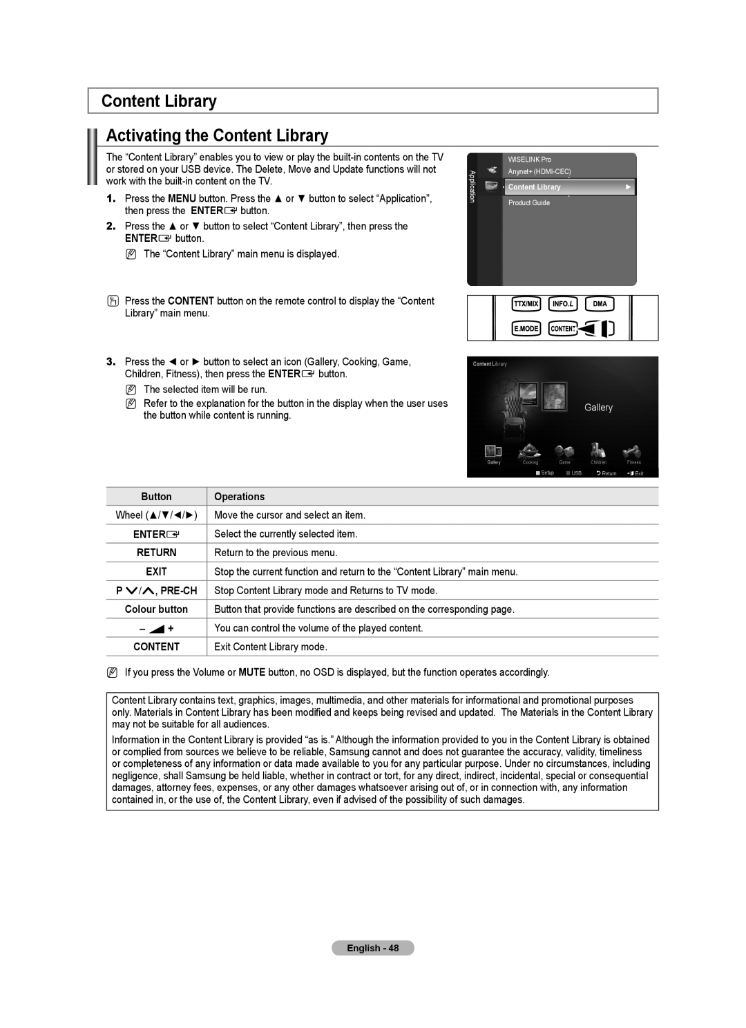 Samsung LE4A LE2A Content Library Activating the Content Library, Pre-Ch, Stop Content Library mode and Returns to TV mode 