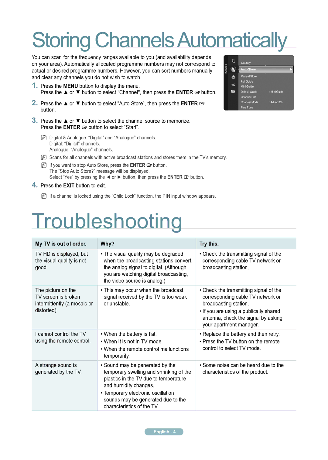 Samsung LE40A756R1M quick start Storing ChannelsAutomatically, Troubleshooting, My TV is out of order Why? Try this 