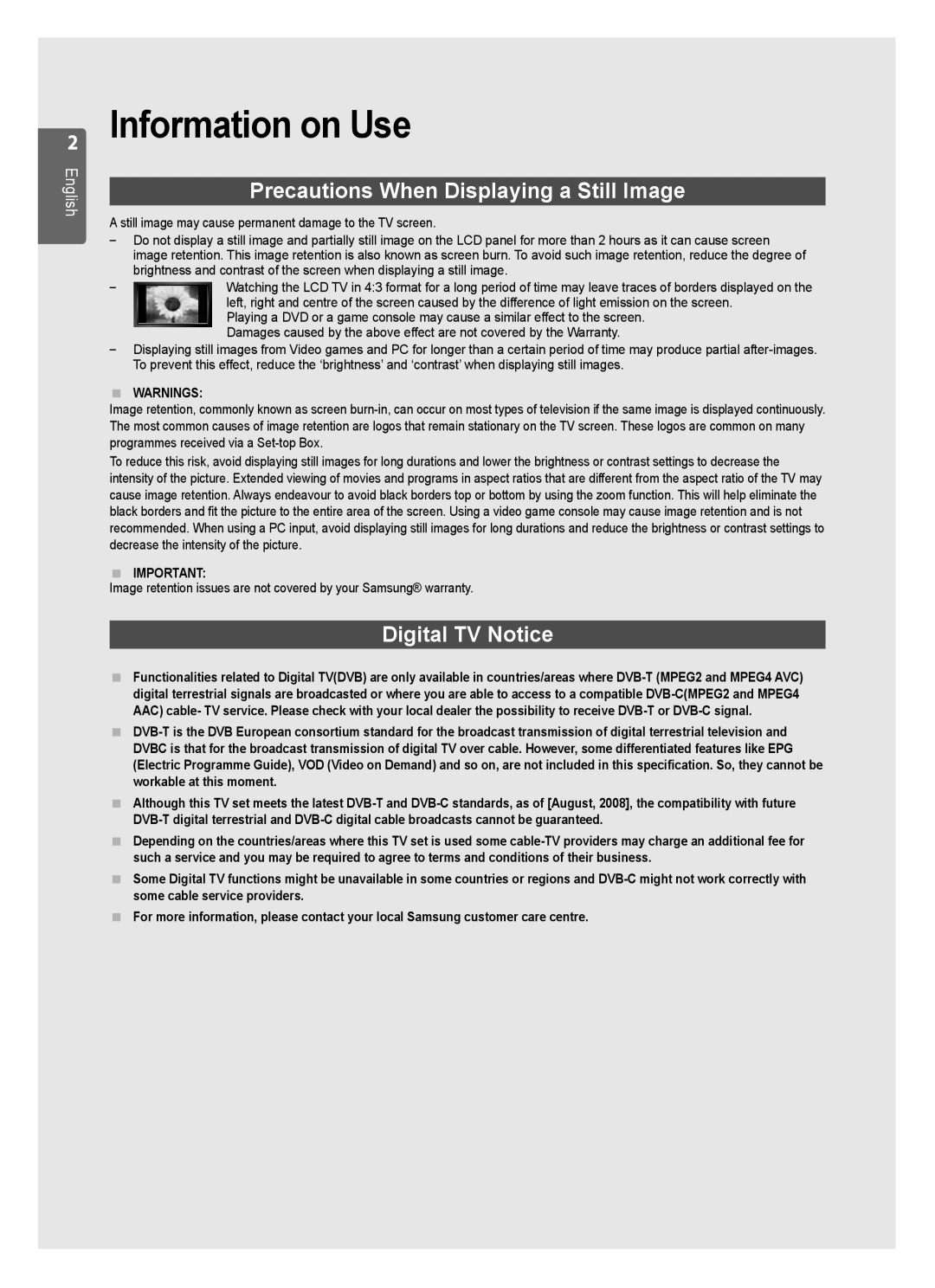 Samsung LE40B551, LE40B550, LE40B554, LE40B553, LE46B550 Information on Use, Precautions When Displaying a Still Image 