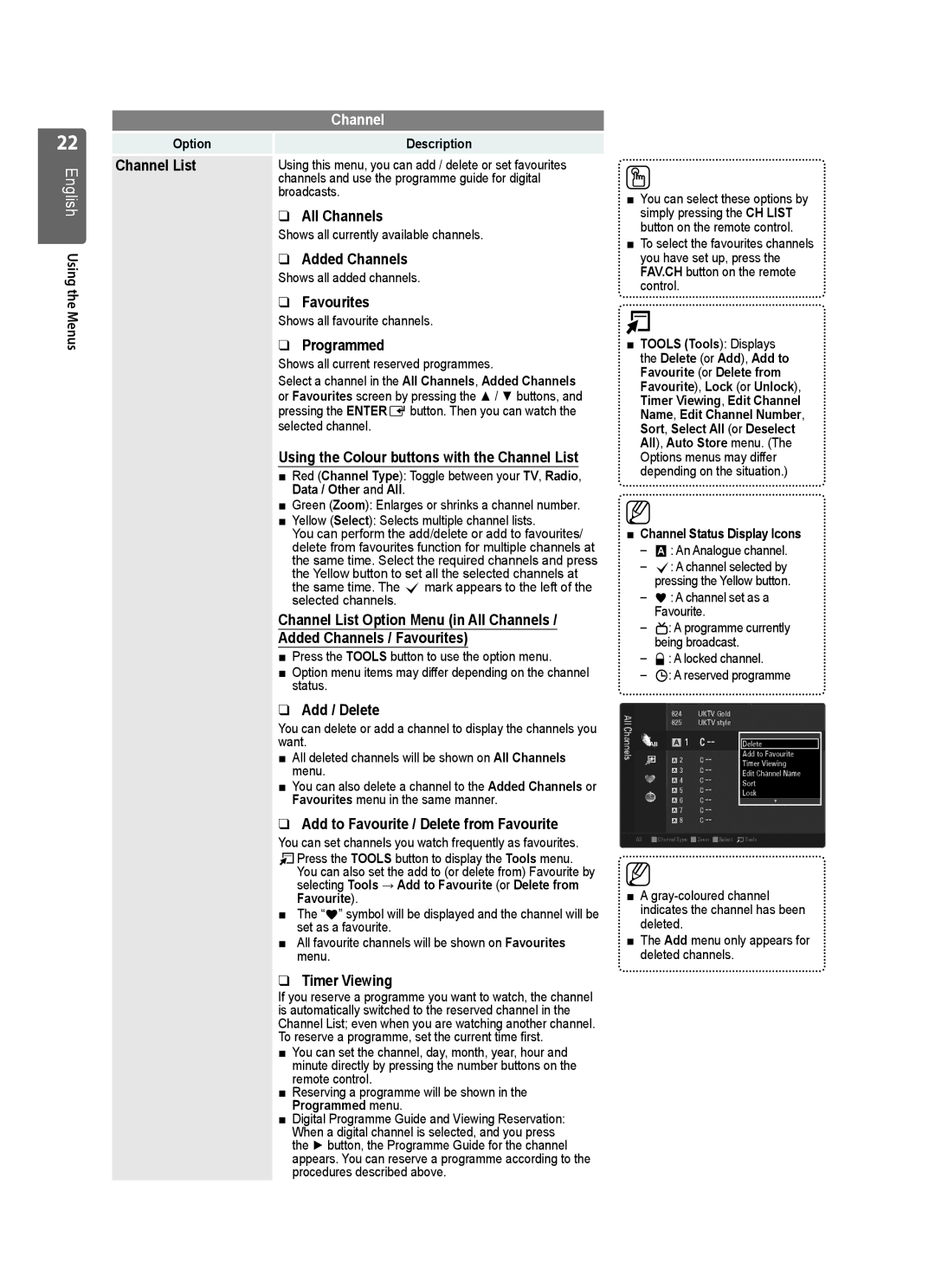 Samsung LE46B551, LE40B550 Channel List, All Channels, Added Channels, Favourites, Programmed, Add / Delete, Timer Viewing 