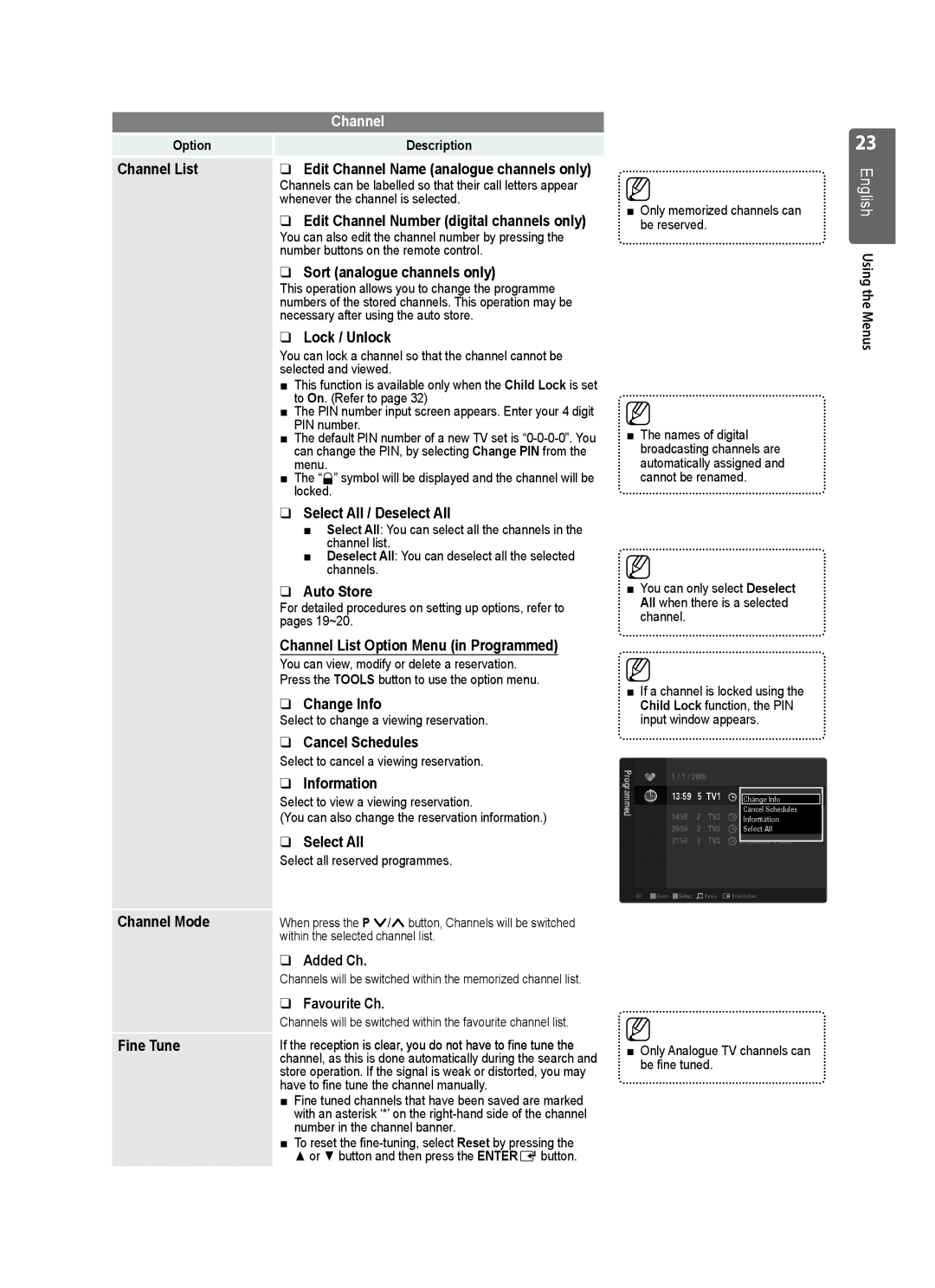 Samsung LE46B554 Sort analogue channels only, Lock / Unlock, Select All / Deselect All, Change Info, Cancel Schedules 