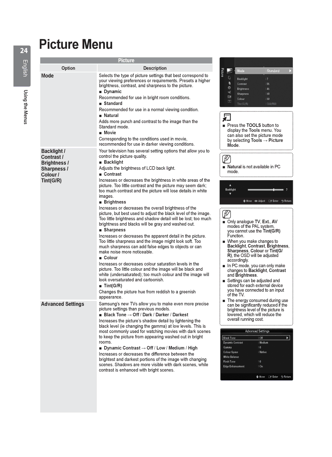 Samsung LE40B550, LE40B554, LE40B551, LE40B553, LE46B550, LE46B553, LE46B551, LE46B554 user manual Picture Menu 