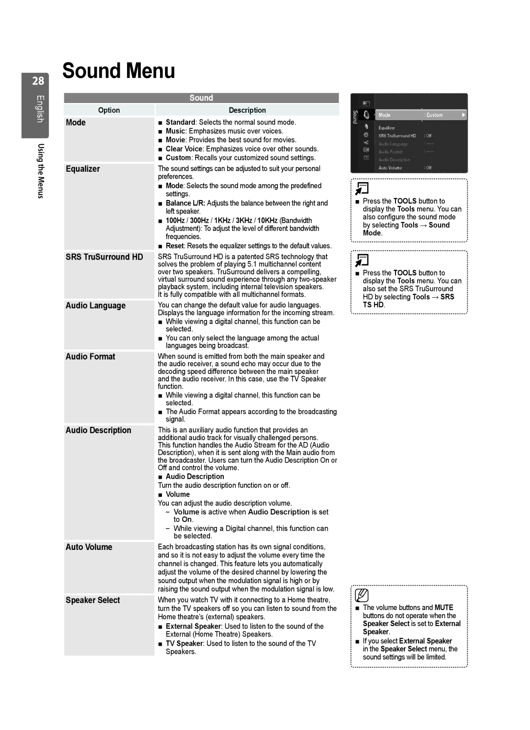 Samsung LE46B550, LE40B550, LE40B554, LE40B551, LE40B553, LE46B553, LE46B551, LE46B554 user manual Sound Menu 