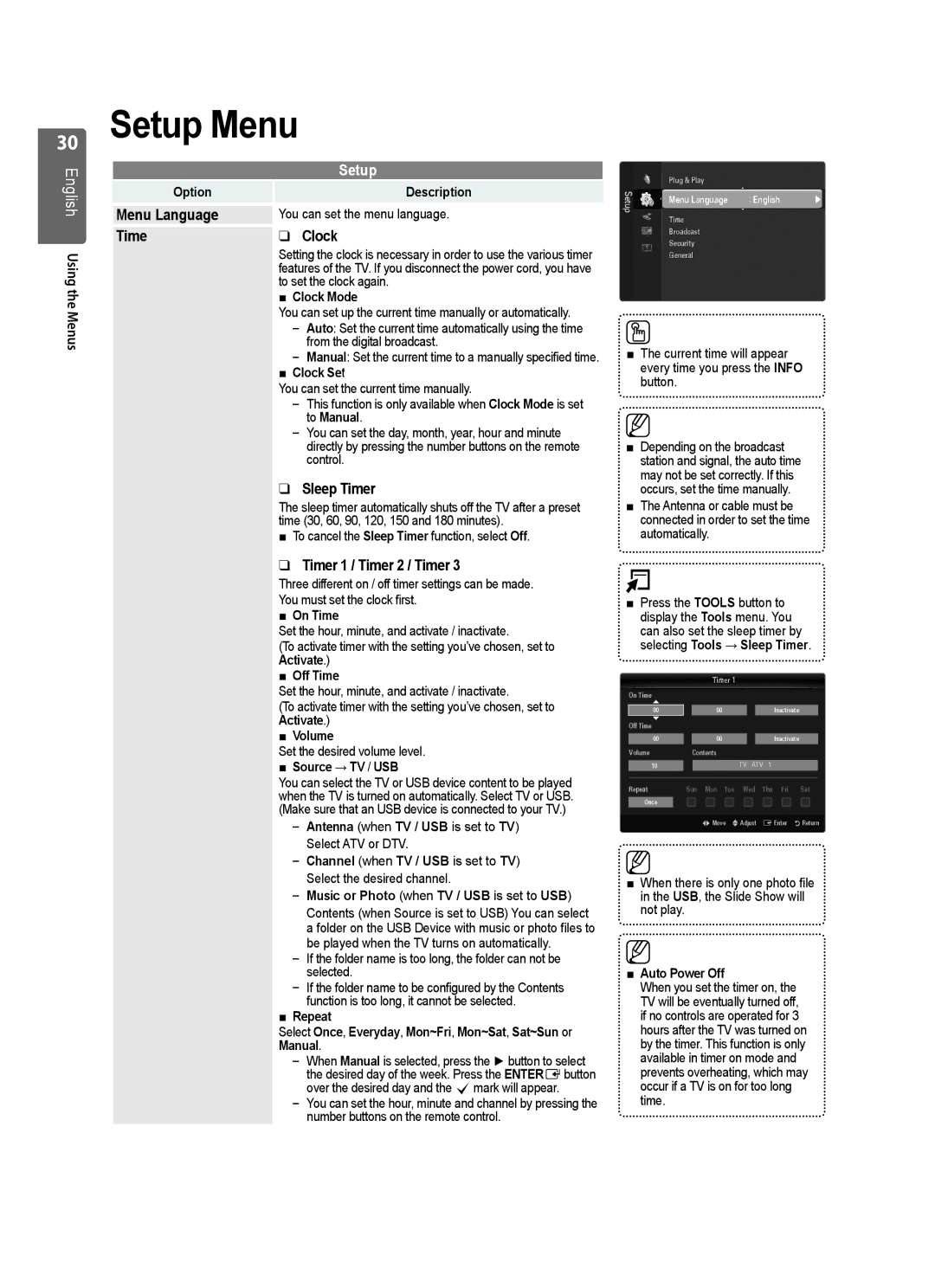 Samsung LE46B551, LE40B550, LE40B554, LE40B551 Setup Menu, Menu Language, Time Clock, Sleep Timer, Timer 1 / Timer 2 / Timer 