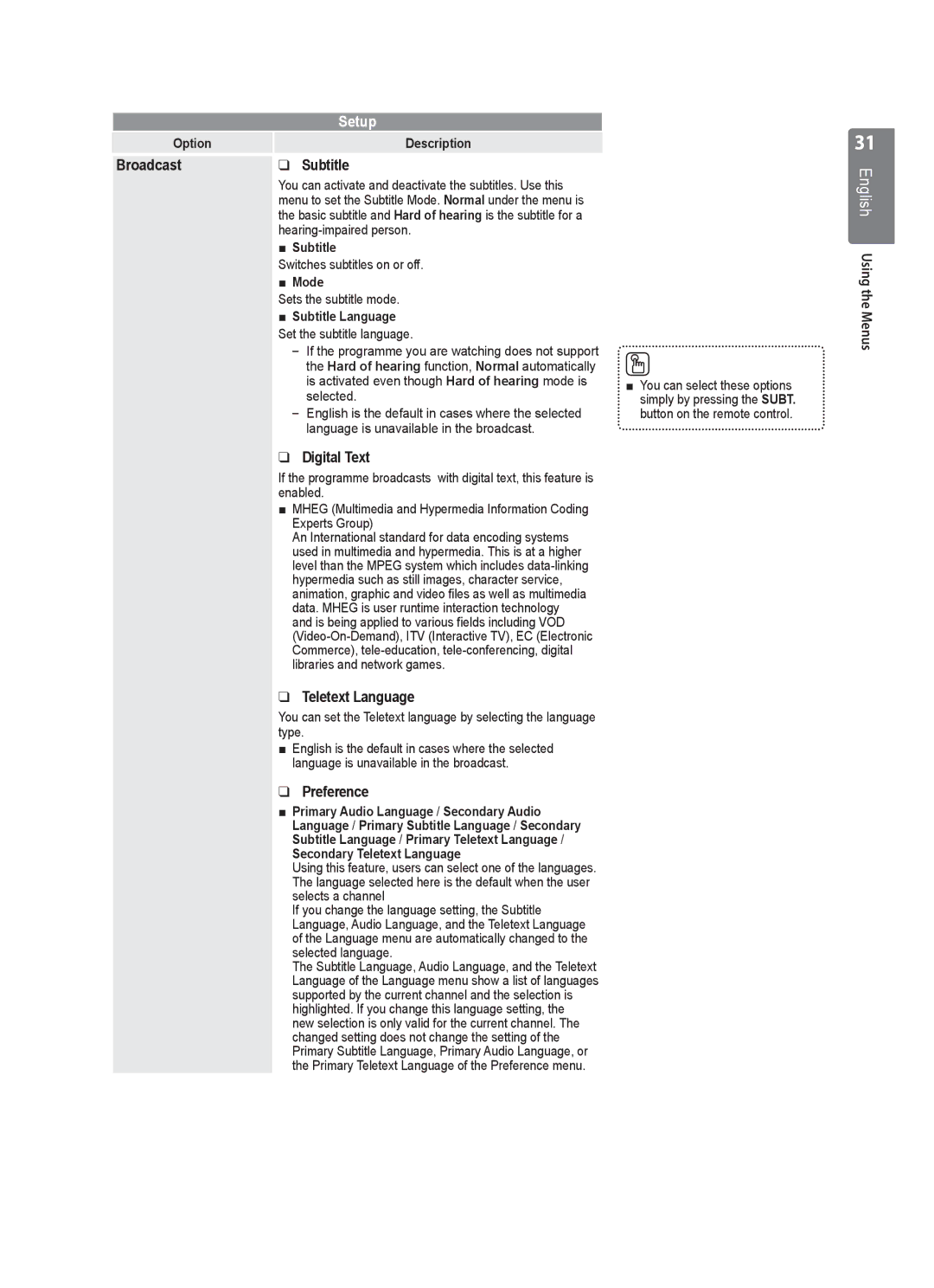 Samsung LE46B554, LE40B550, LE40B554, LE40B551, LE40B553 Broadcast Subtitle, Digital Text, Teletext Language, Preference 