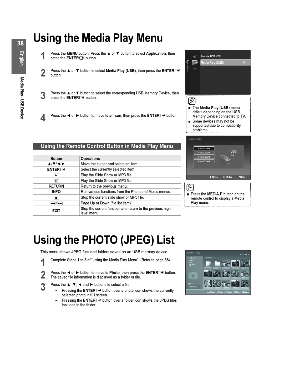 Samsung LE46B551, LE40B550 Using the Media Play Menu, Using the Remote Control Button in Media Play Menu, Operations 