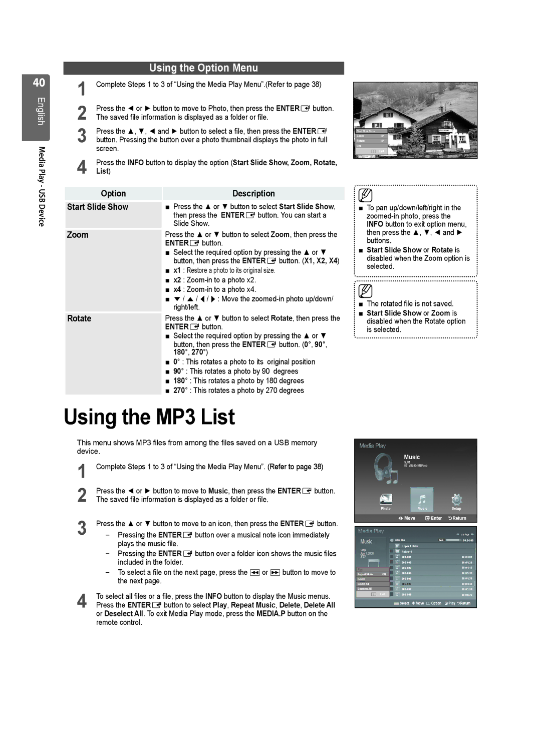 Samsung LE40B550, LE40B554, LE40B551, LE40B553 Using the MP3 List, Using the Option Menu, Option Description, Zoom, Rotate 