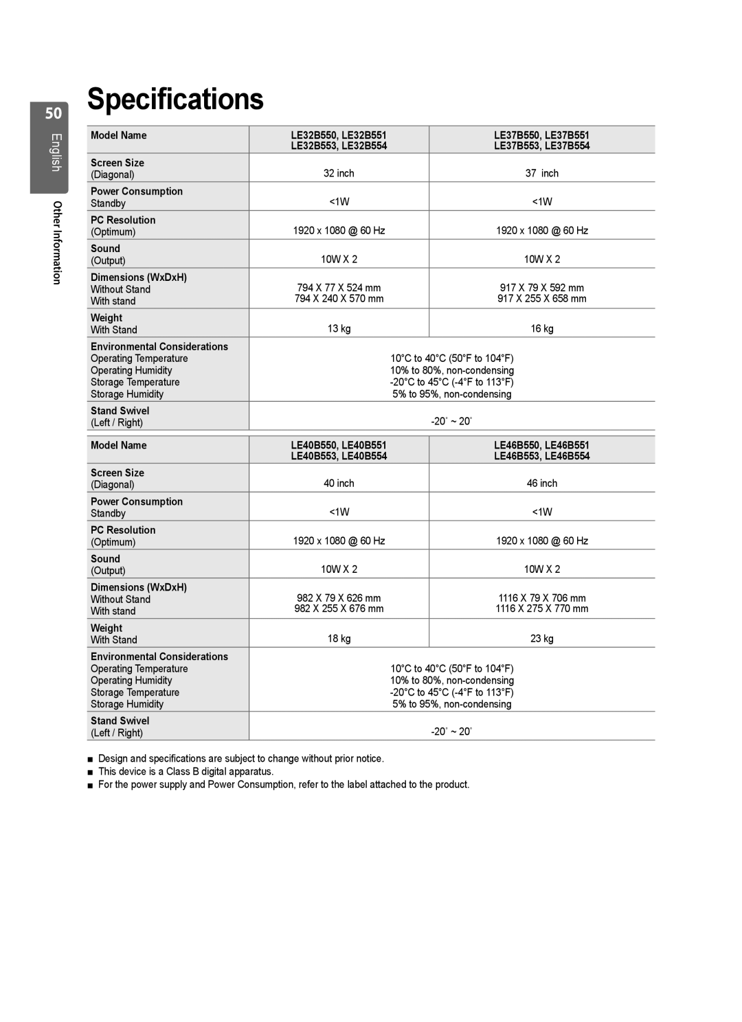 Samsung LE40B551, LE40B550, LE40B554, LE40B553, LE46B550, LE46B553, LE46B551, LE46B554 user manual Specifications 