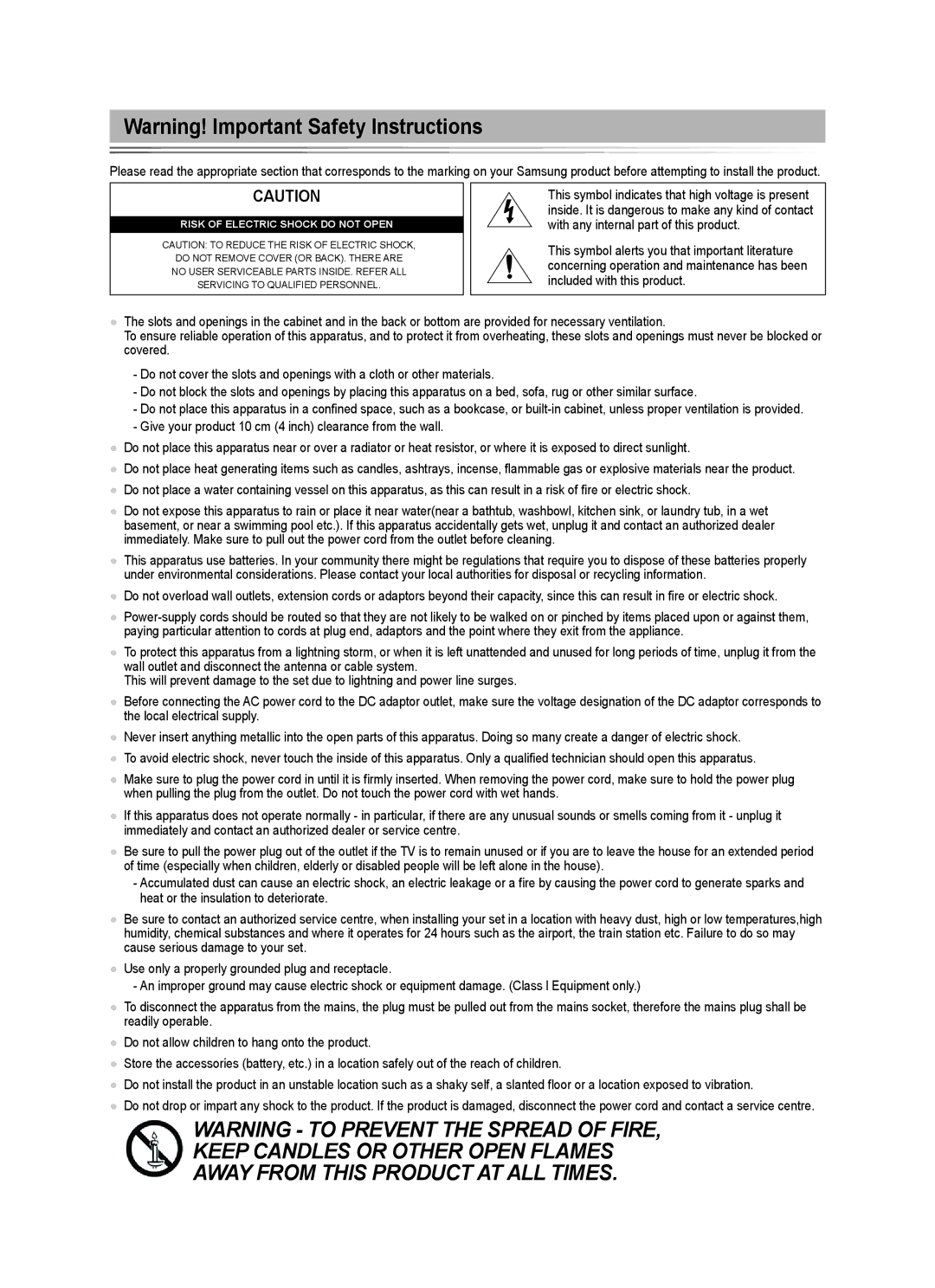 Samsung LE40B553, LE40B550, LE40B554, LE40B551, LE46B550, LE46B553, LE46B551, LE46B554 Risk of Electric Shock do not Open 